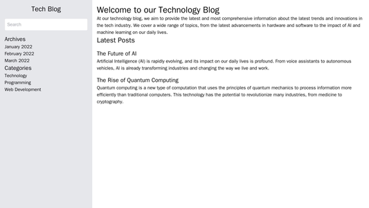 Technology Blog: A minimalist design with a centered logo, a left sidebar containing a search bar, Archives, and Categor Web Template 4381