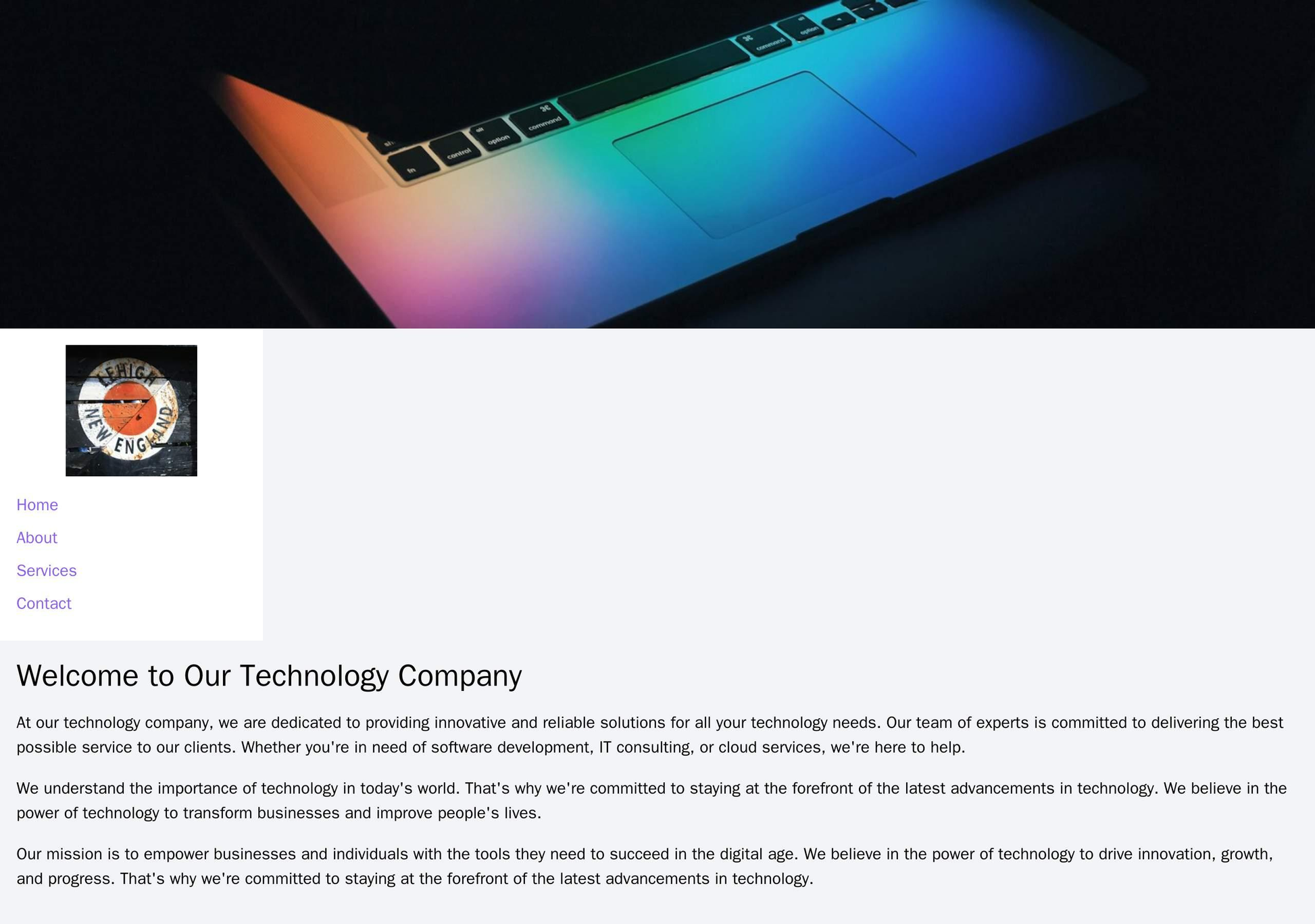 Technology Company: A modern and clean layout with a full-width header image, a centered logo, and a multi-colored sideb Web Template 4716