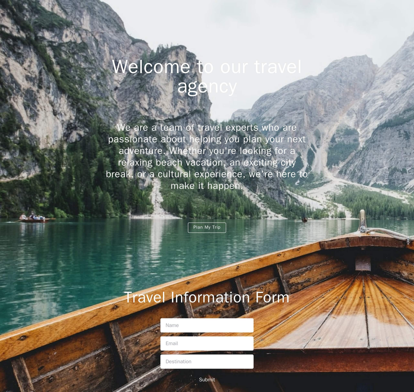 Travel Agency: A single-page design featuring a parallax scrolling background image of destinations. A prominent call-to Web Template 4163