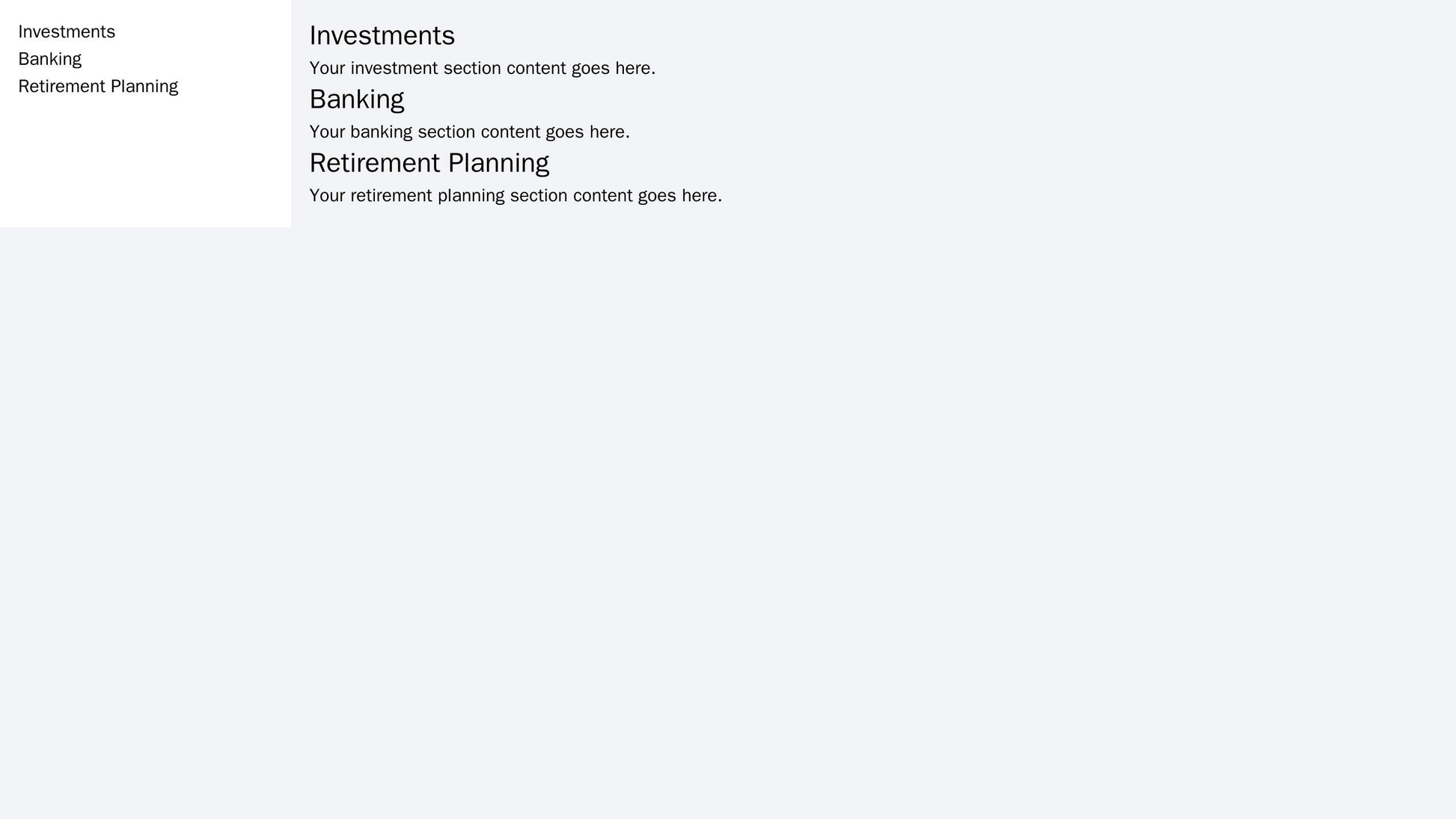 A financial services site with a left navigation menu featuring sections such as "Investments," "Banking," and "Retireme Web Template 1109