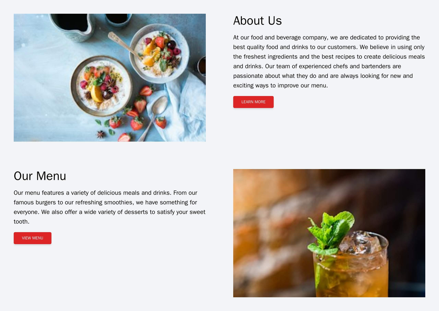 A food and beverage company site with a diagonal layout, split into quadrants featuring images, text, and calls-to-actio Web Template 1481