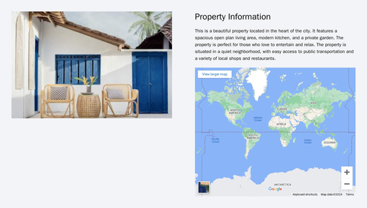 A real estate site with a split-screen layout, showcasing a property image on one side and related information and a map Web Template 1433