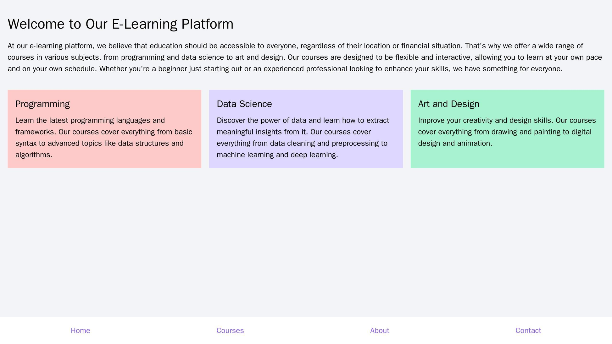 An e-learning platform site with a bottom navigation bar and a grid layout for courses displayed in the main content are Web Template 1715