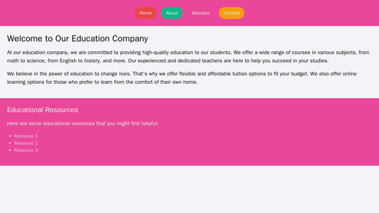 An education company site with a multi-colored, circular navigation bar, a left-aligned main content area, and a footer  Web Template 1483