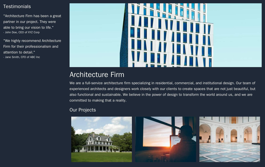 Architecture Firm: Portfolio-focused, with a full-width banner image showcasing a building, a fixed left sidebar display Web Template 1896