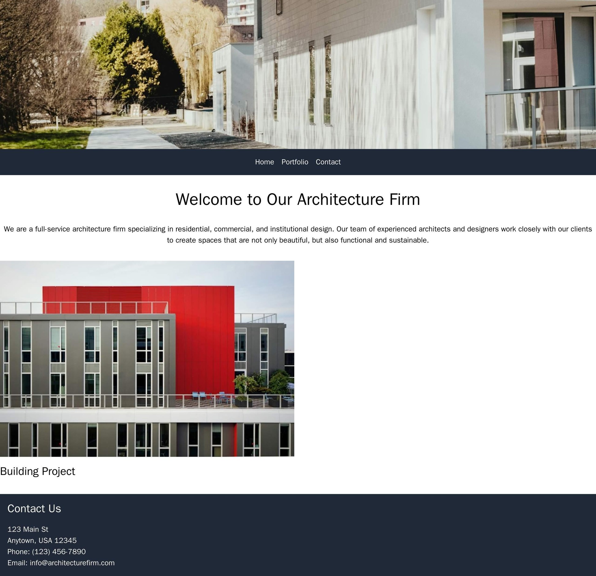 Architecture Firm: A full-width image header showcasing a building project, with a minimalist navbar at the top. The hom Web Template 765