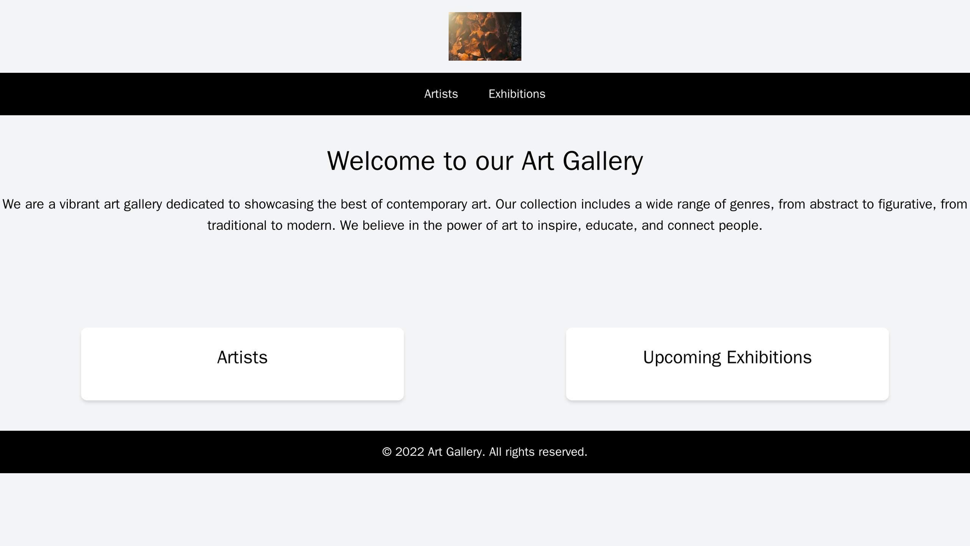 Art Gallery: A full-width background image slideshow of artwork rotating on the homepage, with a centered black logo and Web Template 1221