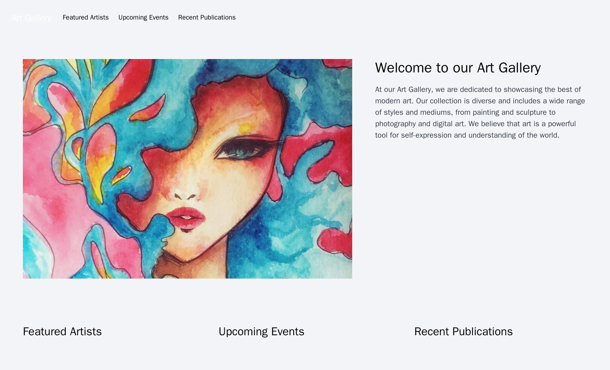 Art Gallery: A modern design with a large, central, full-width image of a piece of art. The navigation menu and any pert Web Template 1544