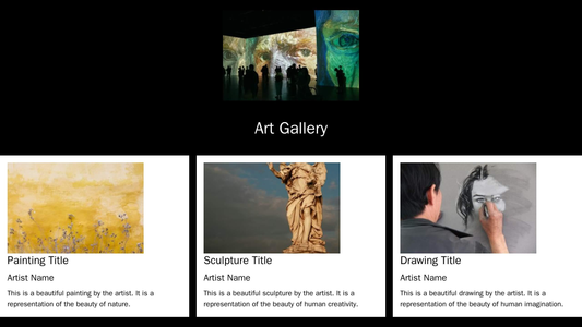 Art Gallery: A minimalistic design with a black background, a large centered logo, and a gallery layout featuring select Web Template 35