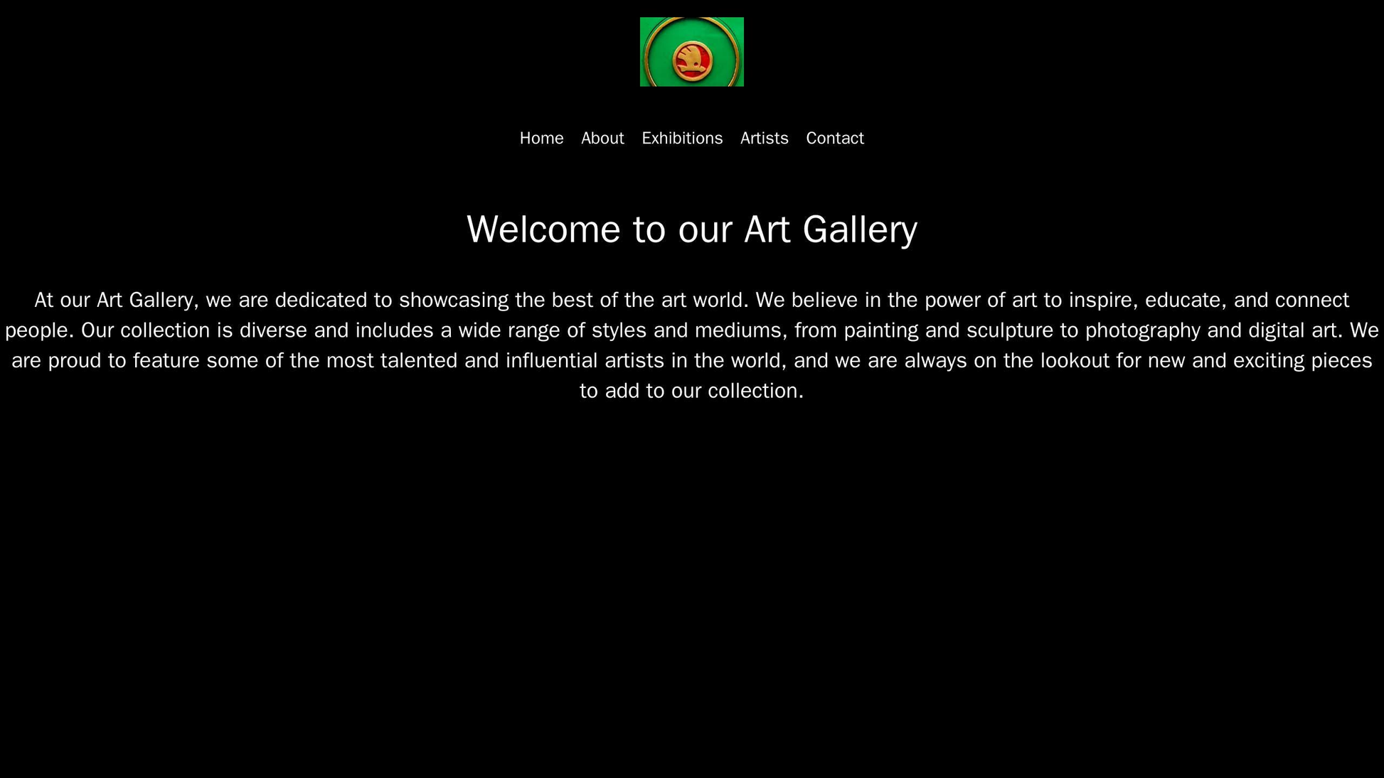 Art Gallery: A sleek and elegant design with a centered logo, a black background, a horizontal navigation menu, a full-s Web Template 421