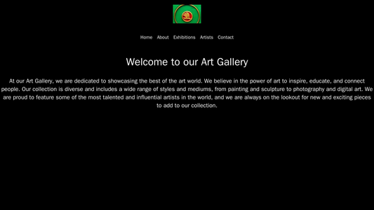 Art Gallery: A sleek and elegant design with a centered logo, a black background, a horizontal navigation menu, a full-s Web Template 421