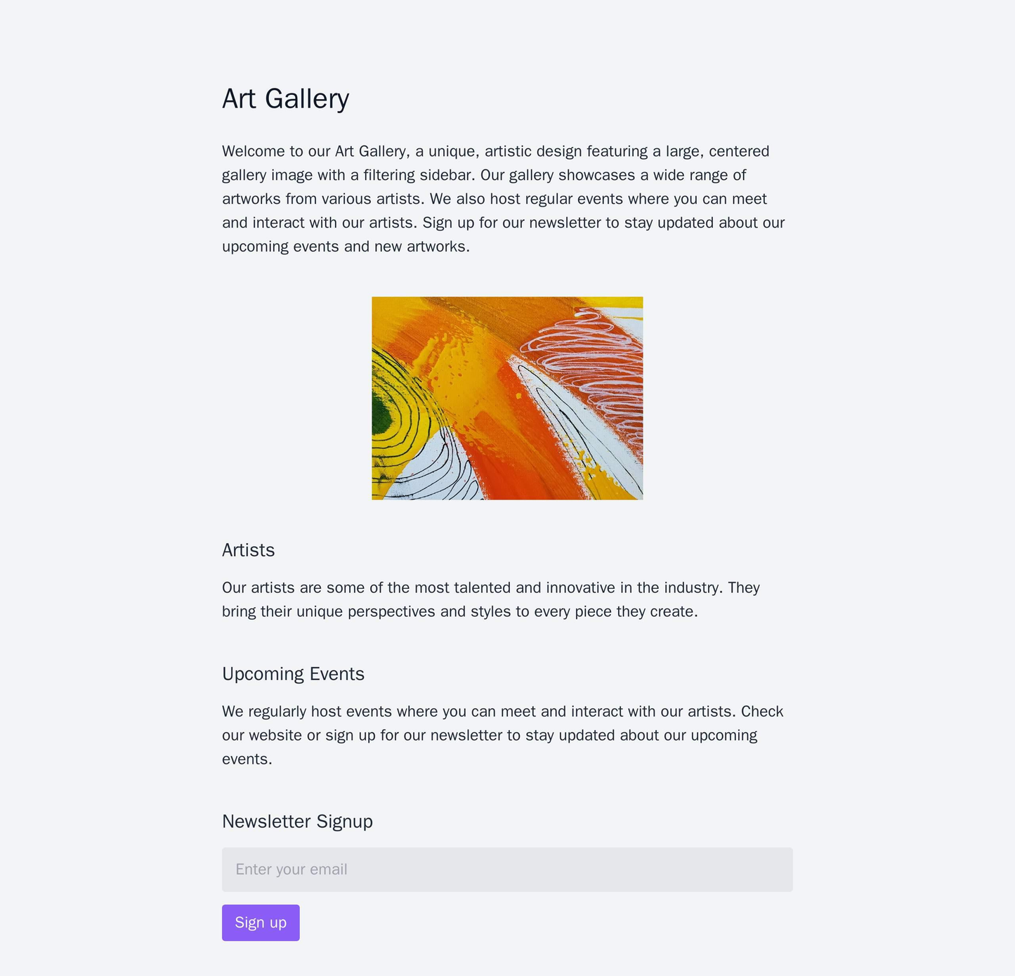 Art Gallery: A unique, artistic design featuring a large, centered gallery image with a filtering sidebar, a brief intro Web Template 565