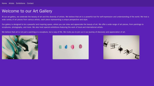 Art Gallery: A mosaic layout with large images of art pieces, a minimal menu and text, and a dark and dramatic color pal Web Template 592