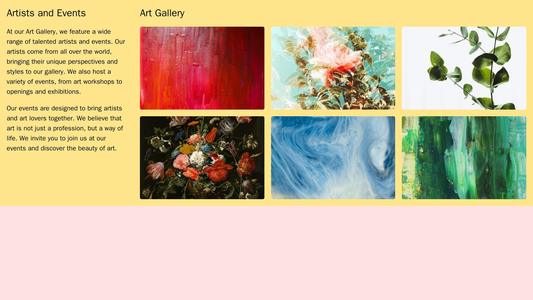 Art Gallery: A grid layout with large images of artwork. A left sidebar with information about artists and events. A vib Web Template 609