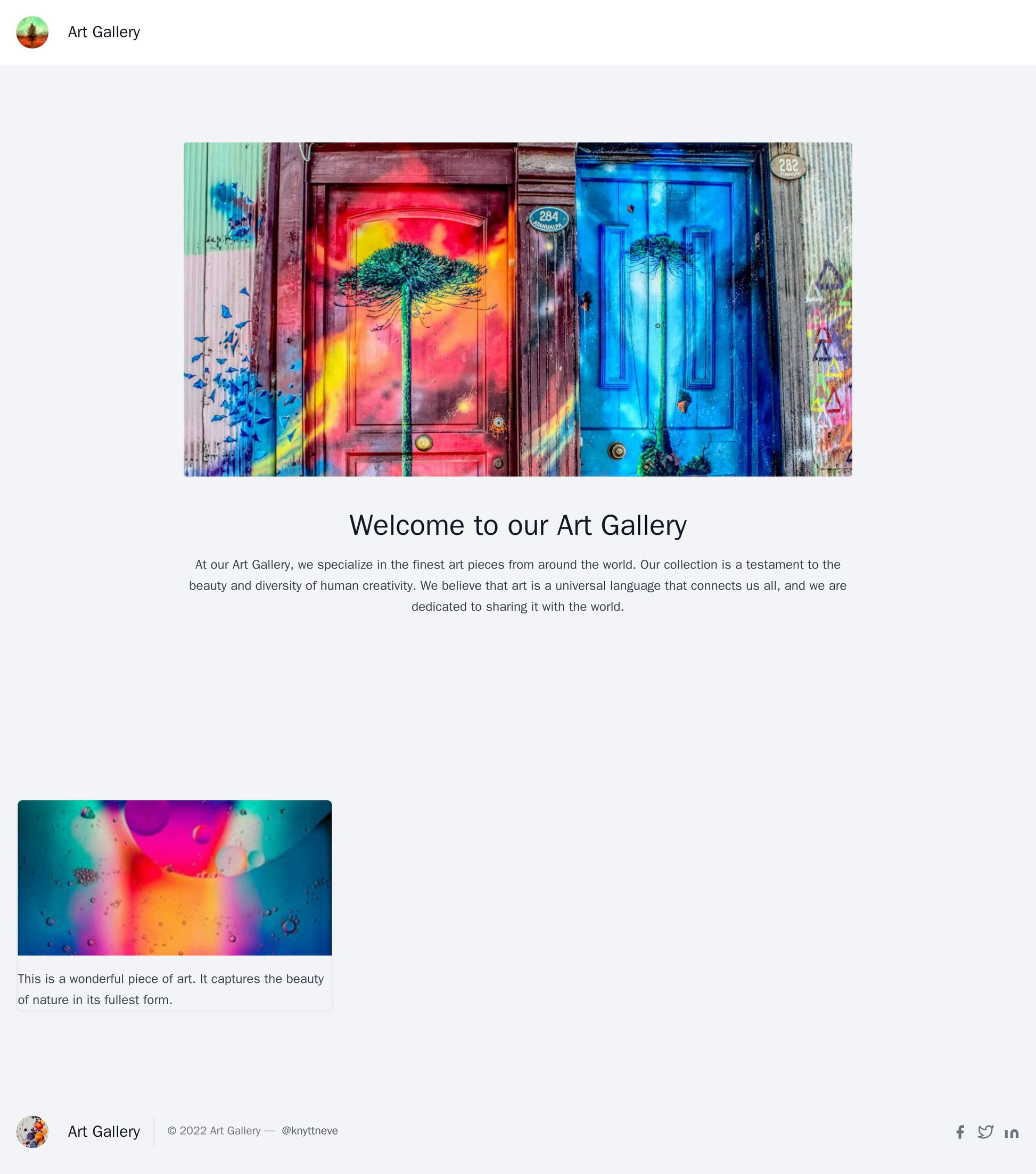 Art Gallery: An elegant and minimalist layout with a full-width banner showcasing artwork, a grid-style display of artwo Web Template 685