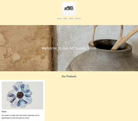 Art Supply Store: A warm, inviting layout with earthy tones, textures, and images of art supplies. The header includes a Web Template 1203