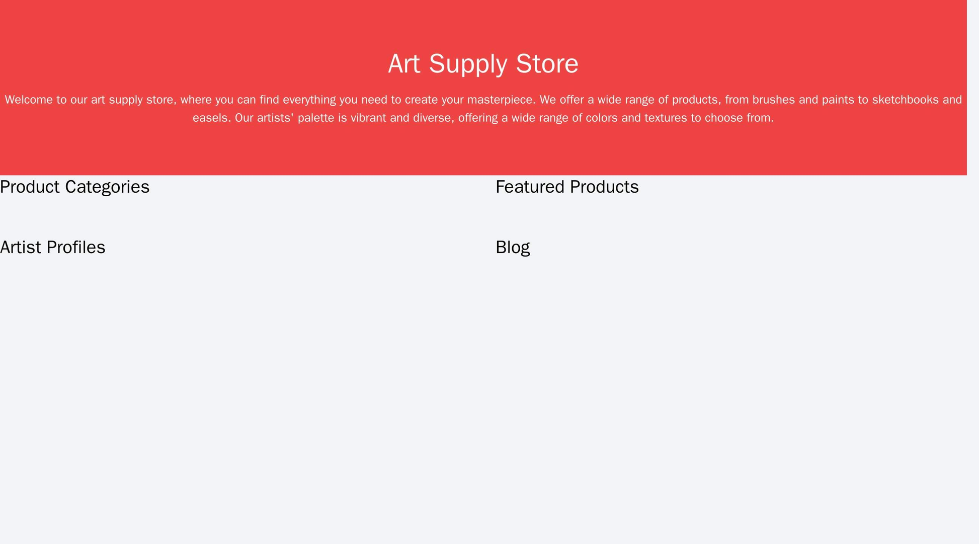 Art Supply Store: A two-column design with vibrant colors and a header featuring an artists' palette. The left column co Web Template 669