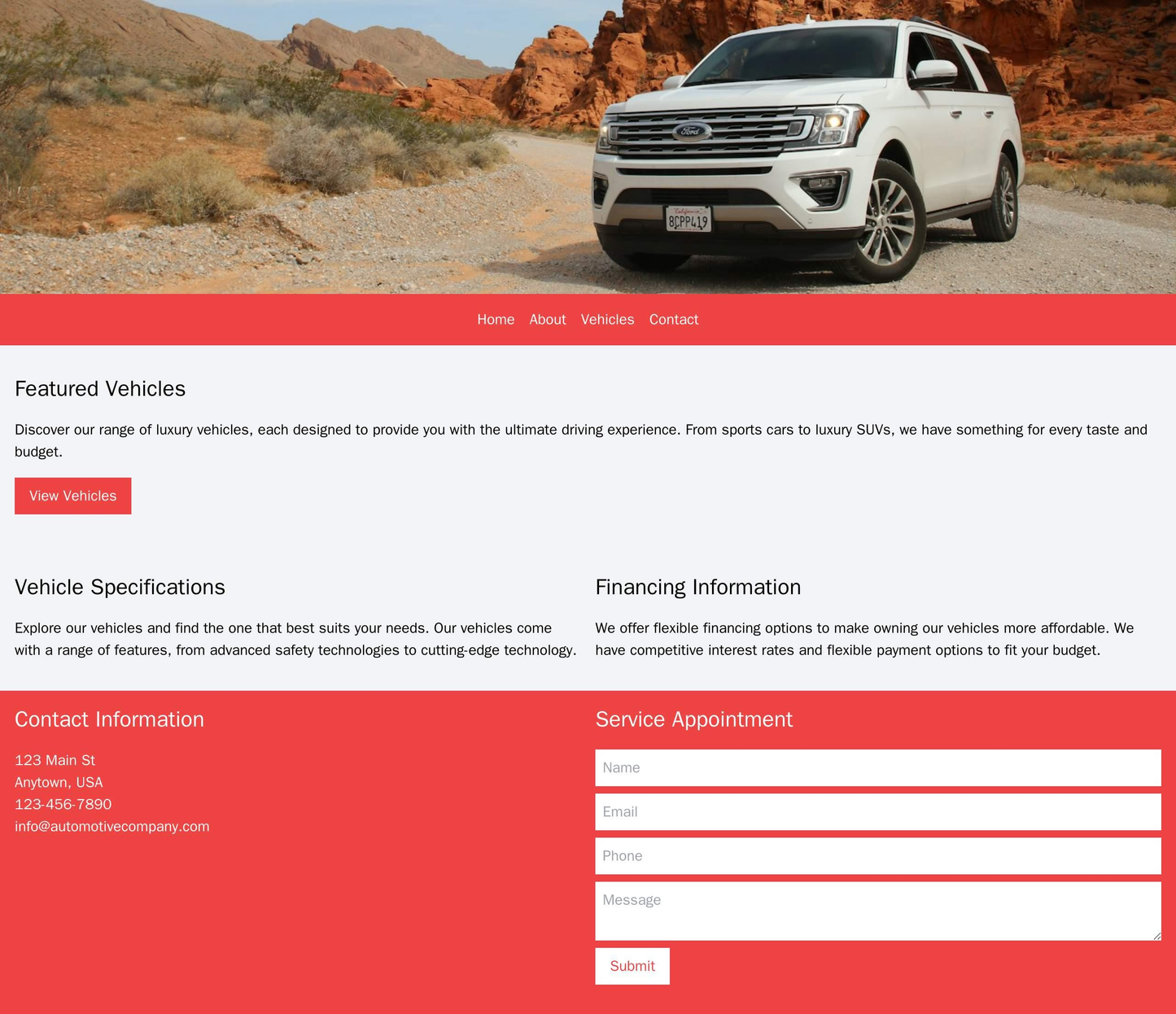 Automotive Company Site: A full-width header image, a top navigation menu, a section for featured vehicles with a call-t Web Template 233