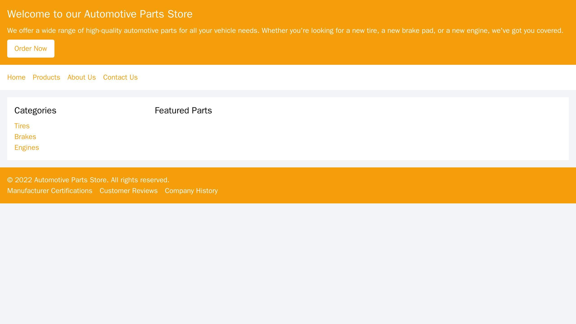 Automotive Parts Store: A header with a prominent call-to-action button for ordering parts, a main navigation menu, a le Web Template 1339