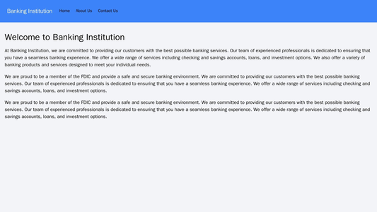 Banking Institution: A vertical layout with a centered logo, a clear and simple navigation bar, and a monochromatic colo Web Template 691