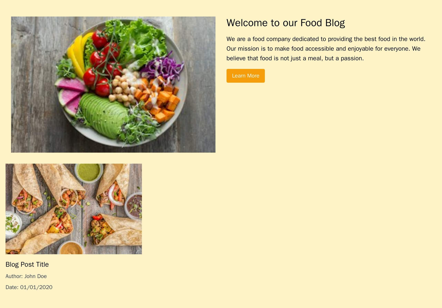 Blog for a Food Company: A two-column layout with a large, mouth-watering image on one side and a description and call-t Web Template 436