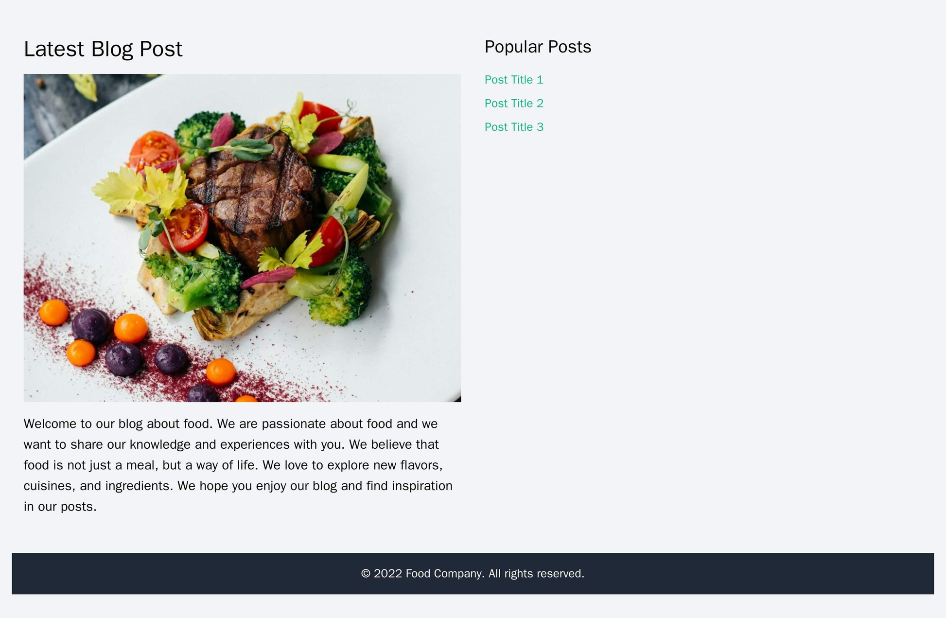 Blog for a Food Company: A two-column design with the latest blog post displayed in a wide, centered format with vivid f Web Template 461