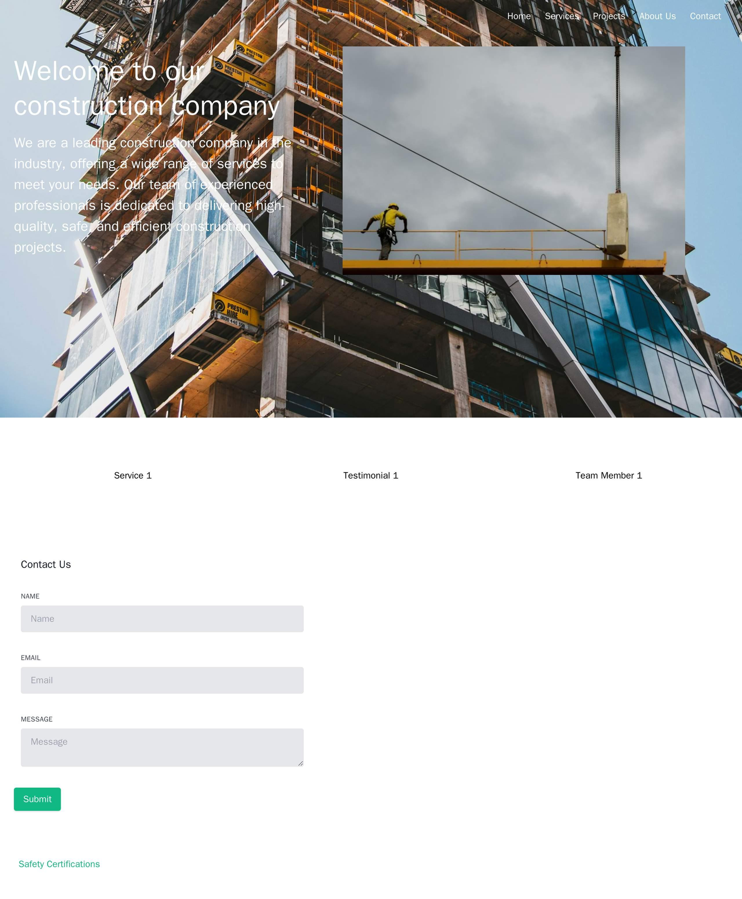 Construction Company: A background image of a building site, a top navigation menu, a large hero image showcasing comple Web Template 1335