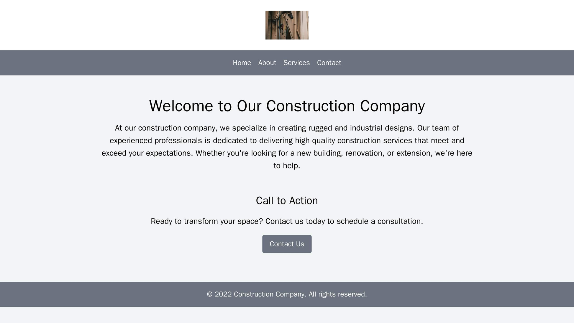 Construction Company: A rugged and industrial design with a large logo centered atop a bold and clear navigational menu. Web Template 1516