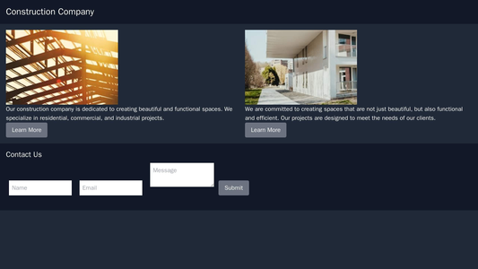 Construction Company: A two-column layout with a dark color palette, large images of construction projects, and clear ca Web Template 166