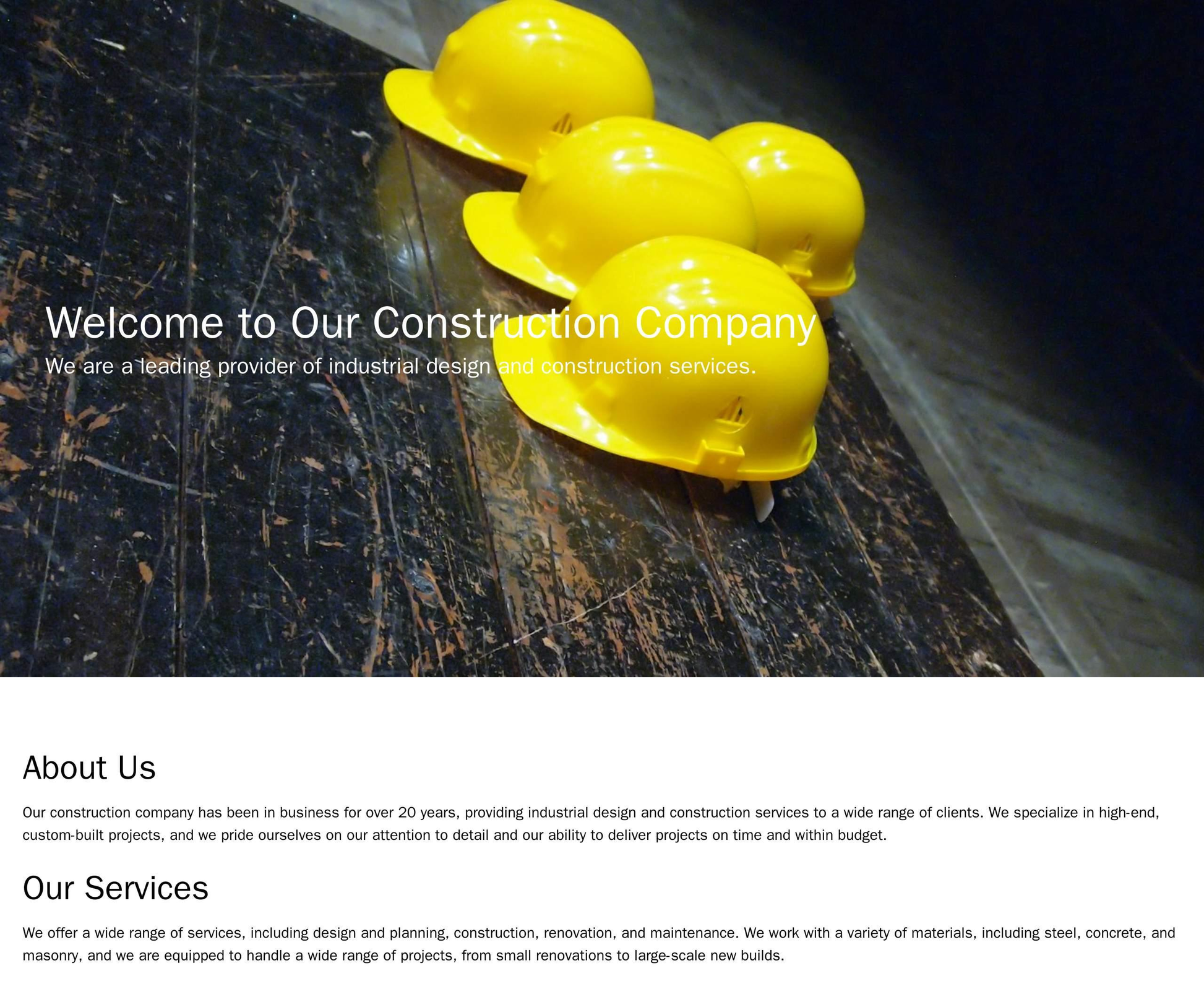 Construction Company: A robust and industrial design with a prominent logo, a top navigation menu, and a full-width back Web Template 1833