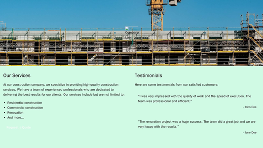 Construction Company: A two-column design with a full-width header image featuring a construction project, a centered lo Web Template 1994