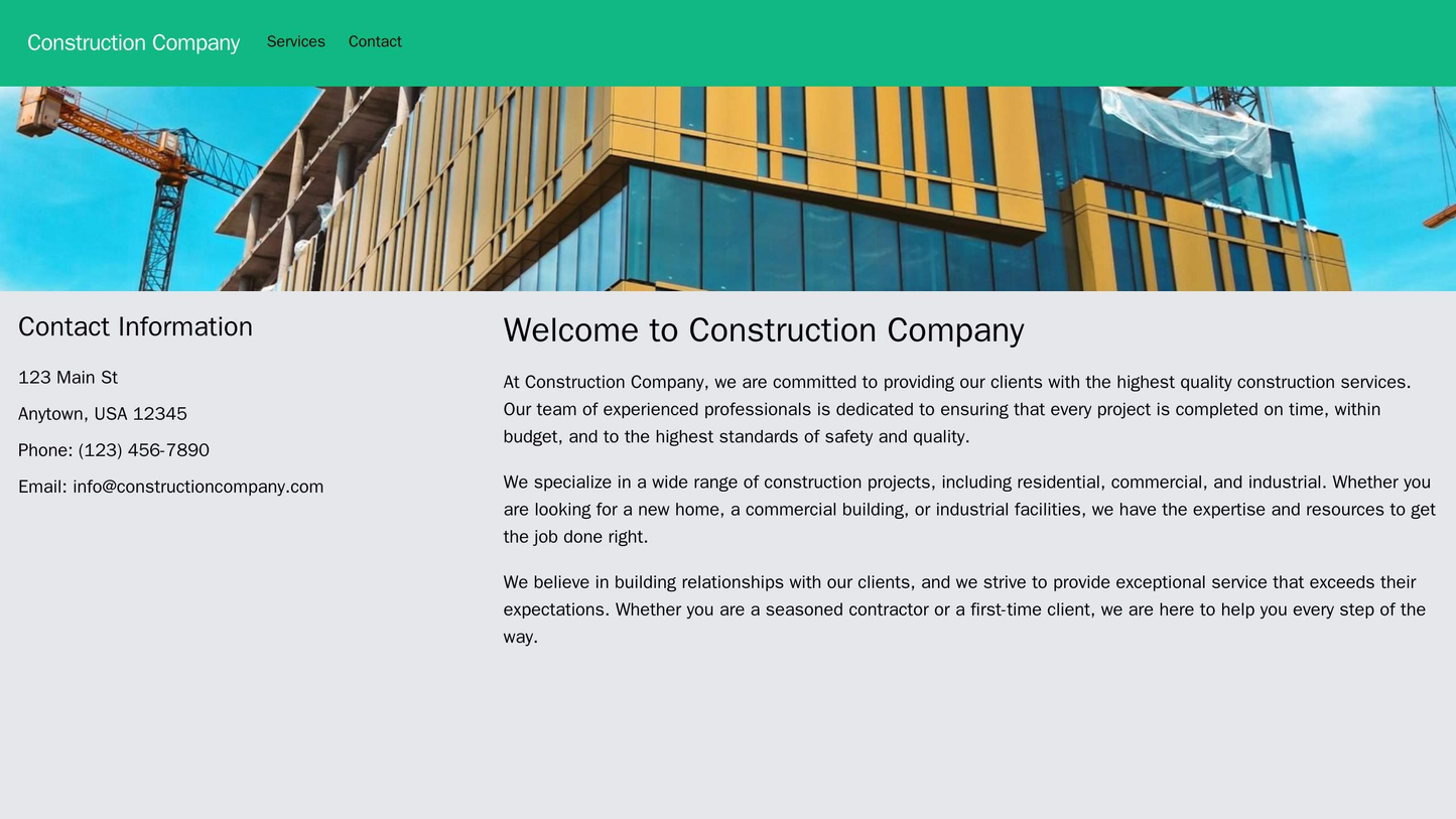 Construction Company: A minimalist layout with a large header image of a construction site. The main navigation bar is l Web Template 348