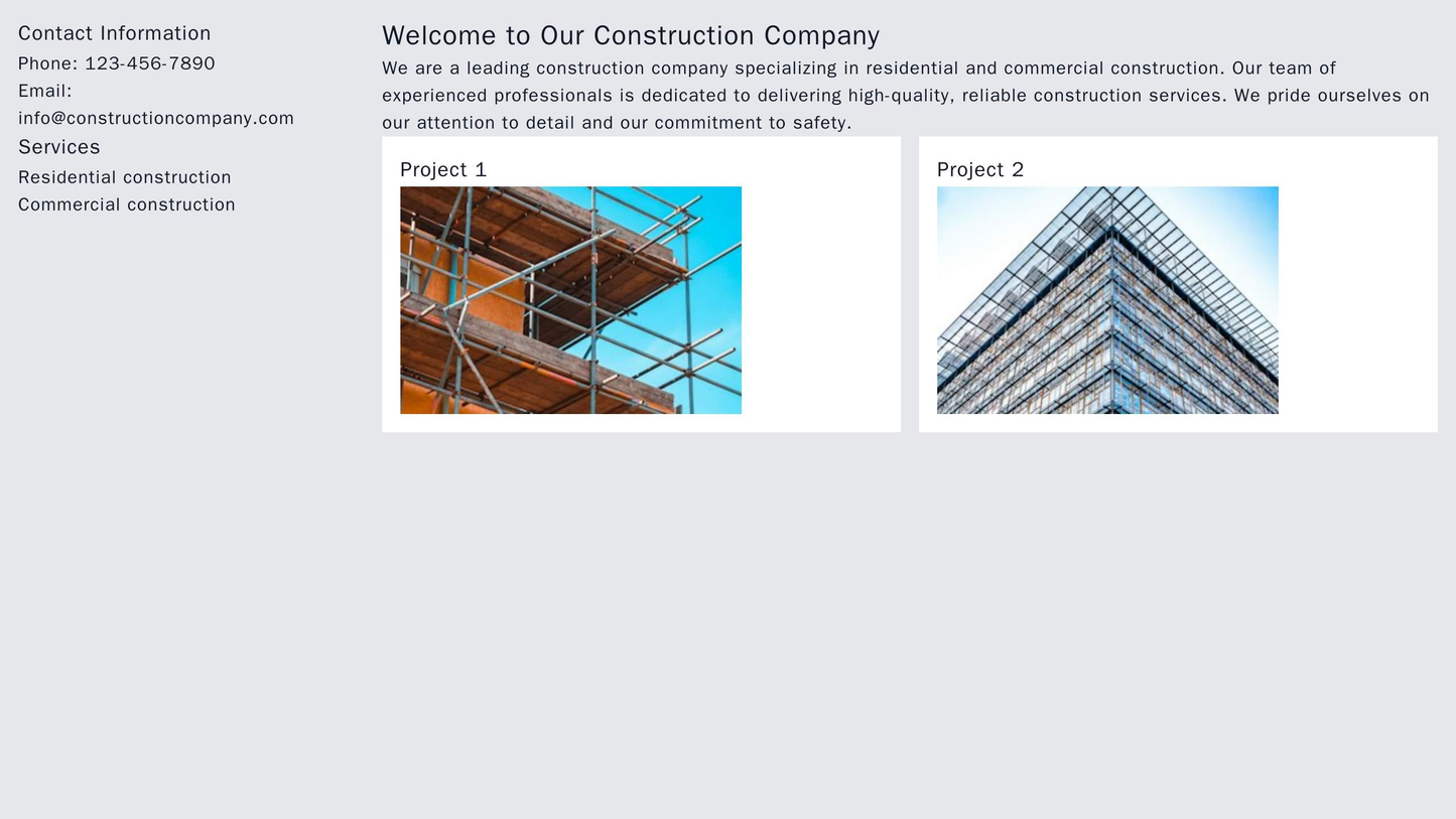 Construction Company: A grid layout displaying the company's portfolio of projects, with a sidebar on the left showing c Web Template 63