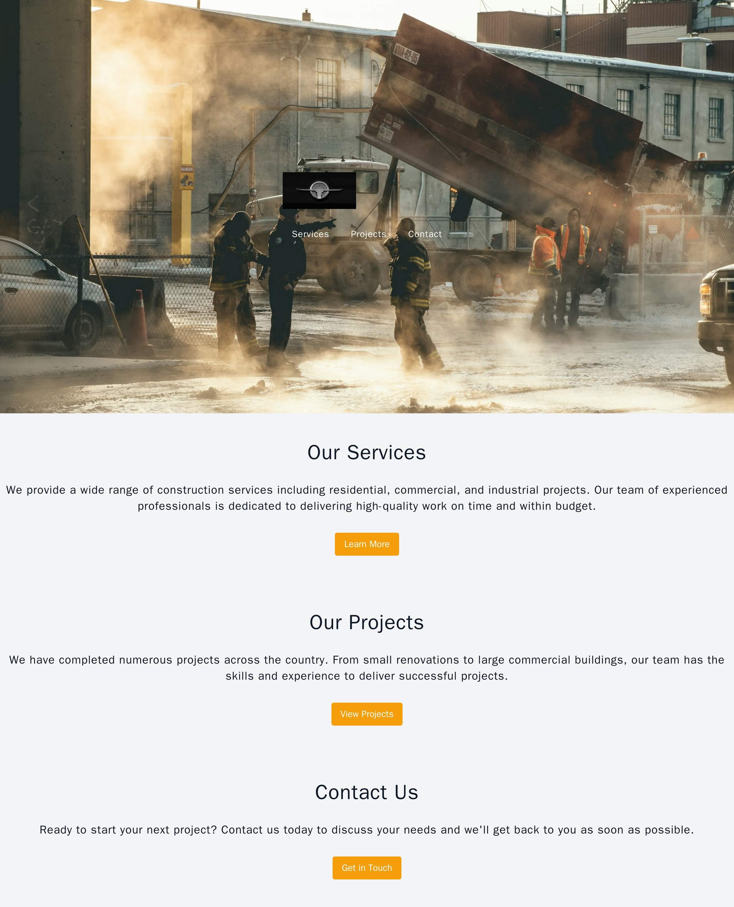 Construction Company: A classic design with a large header image of a construction project, a centered logo, and a color Web Template 837