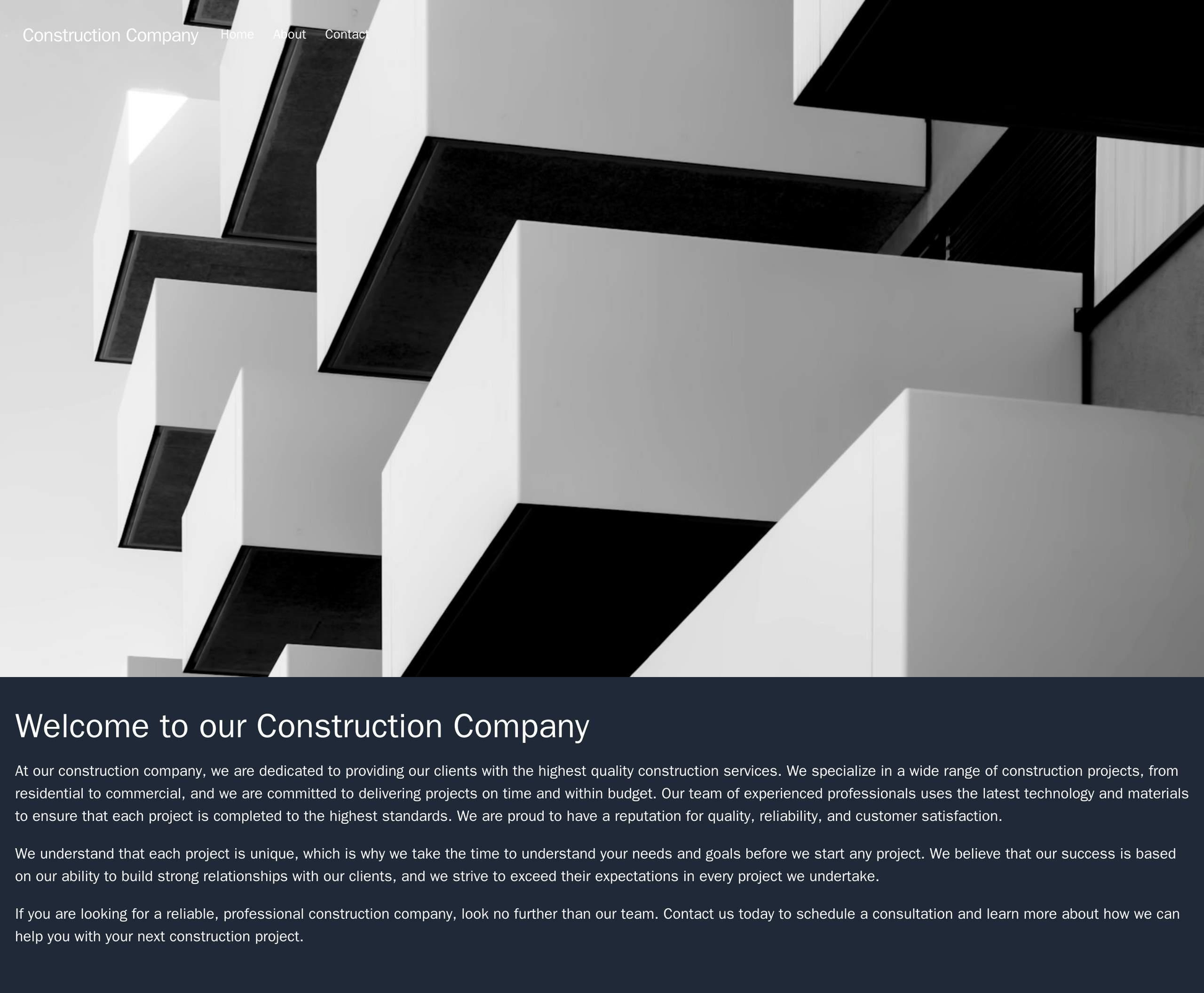 Construction Company: Use a full-screen background image of a construction site followed by a vertically aligned, multi- Web Template 959