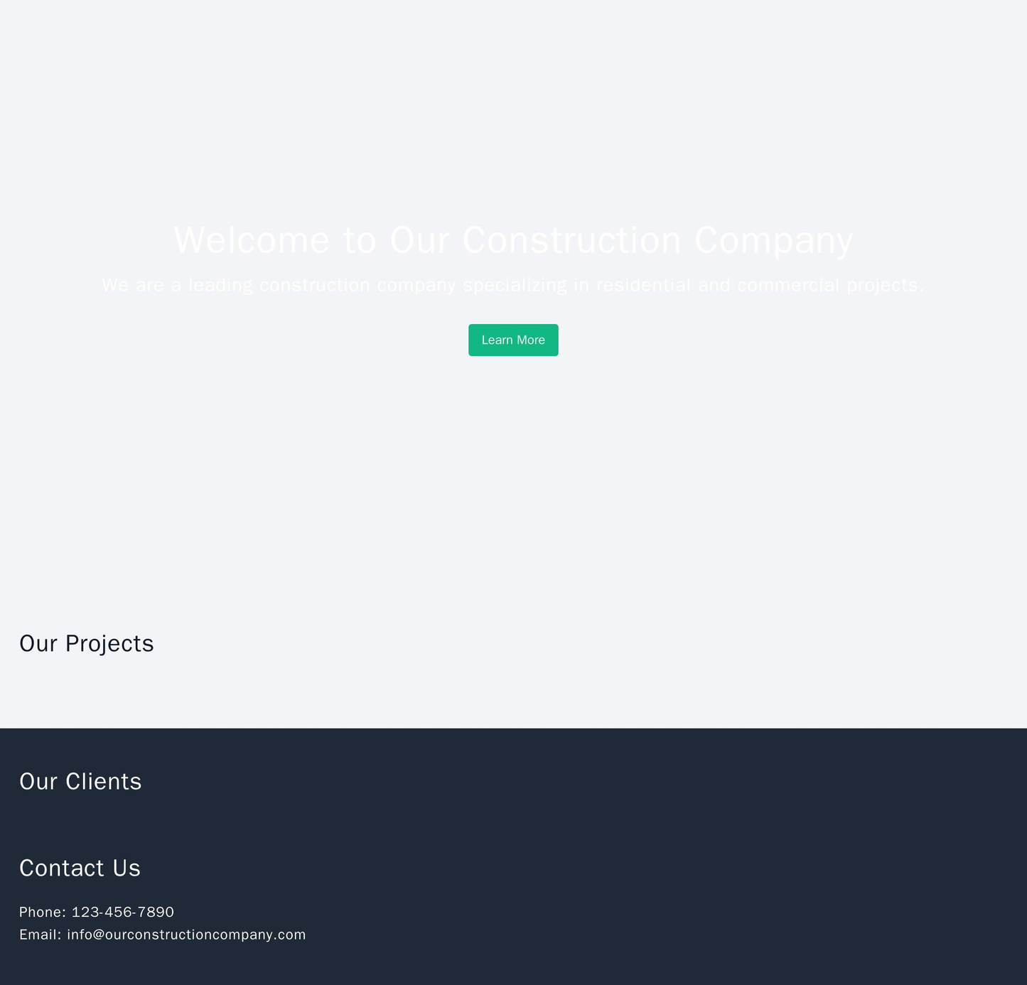 Construction Company Website: A large banner image with text overlay, prominent call-to-action buttons, a sidebar with a Web Template 1905