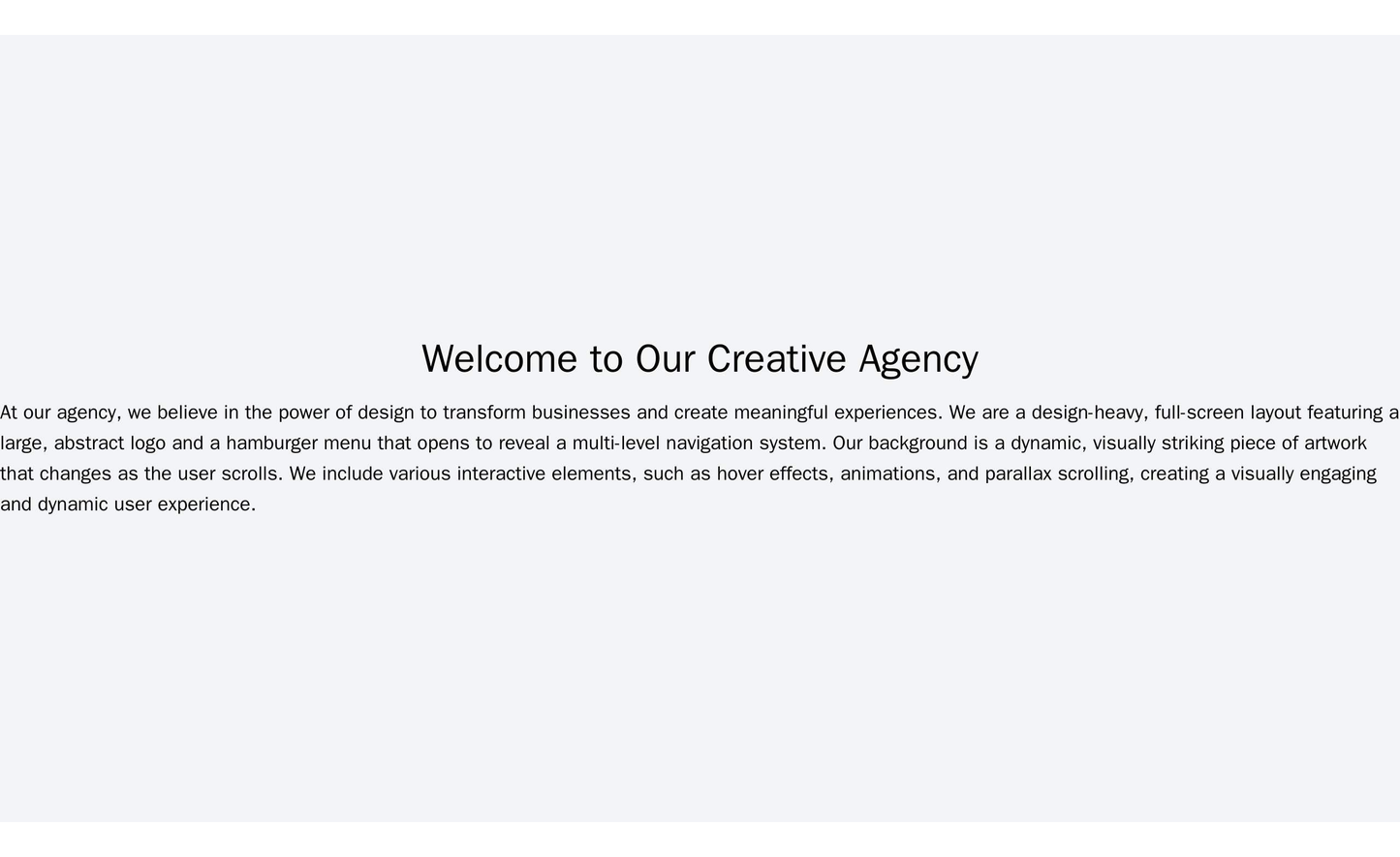 Creative Agency: A design-heavy, full-screen layout featuring a large, abstract logo and a hamburger menu that opens to  Web Template 393