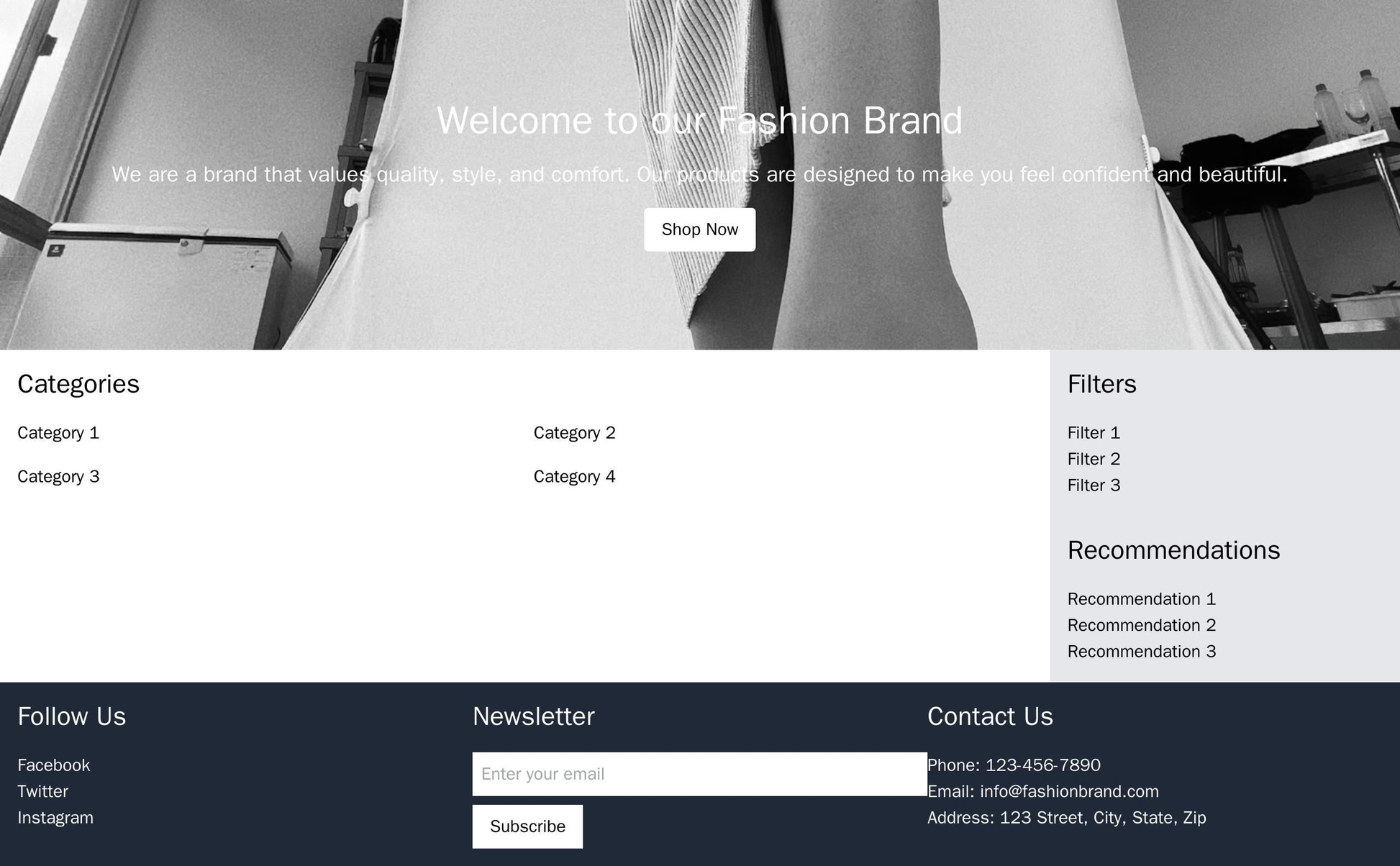 E-commerce Site for a Fashion Brand: A full-width header image with overlaid text and calls-to-action, four grid layout  Web Template 179