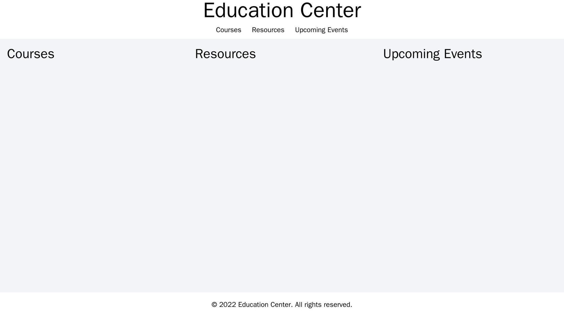 Education Center: A grid-style layout with sections for courses, resources, and upcoming events. A clean, readable font, Web Template 1074