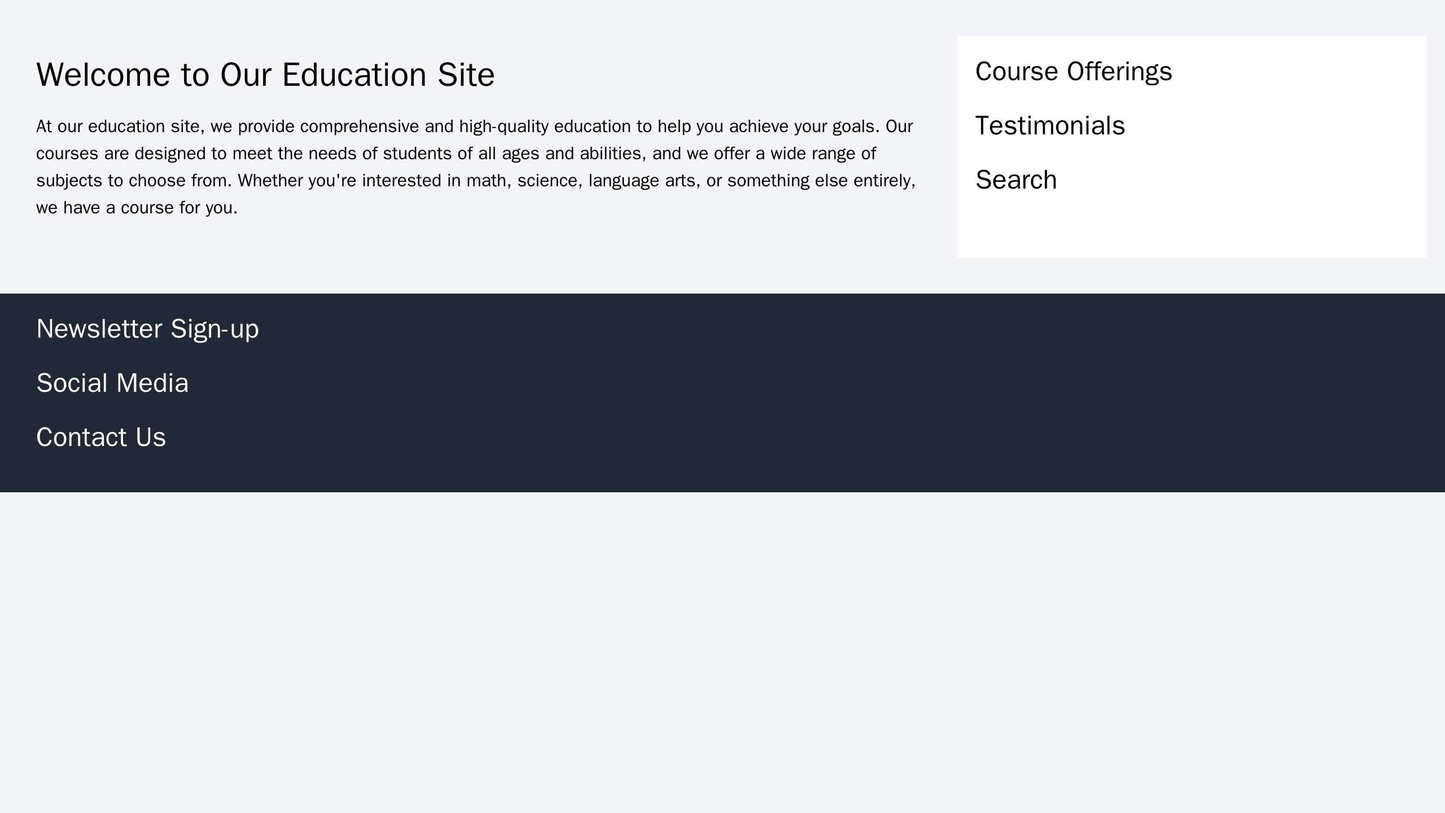 Education Site: A two-column layout, one for the content, and one for a sidebar displaying course offerings, testimonial Web Template 124