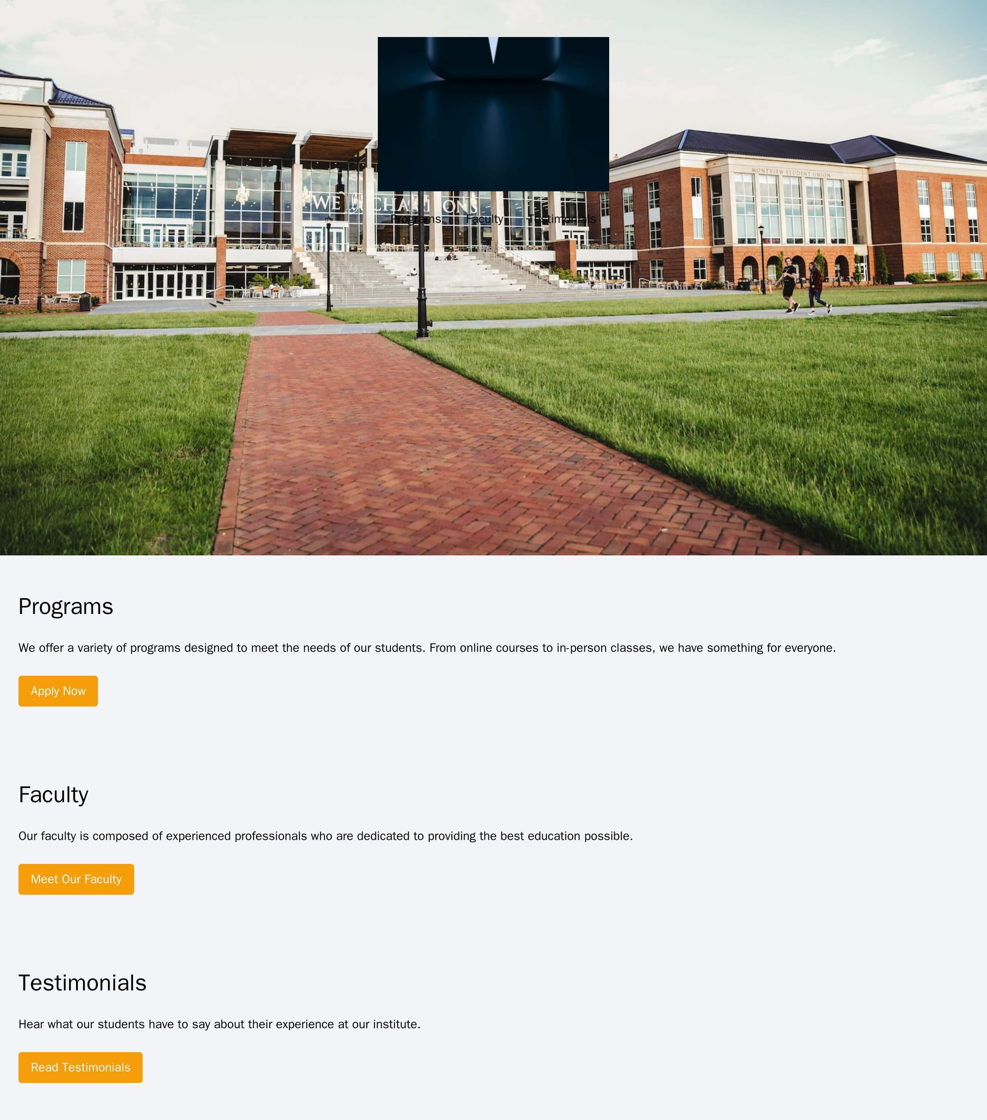 Educational Institute: A website with a full-width image background of a campus scene, a logo centered at the top, and a Web Template 1332