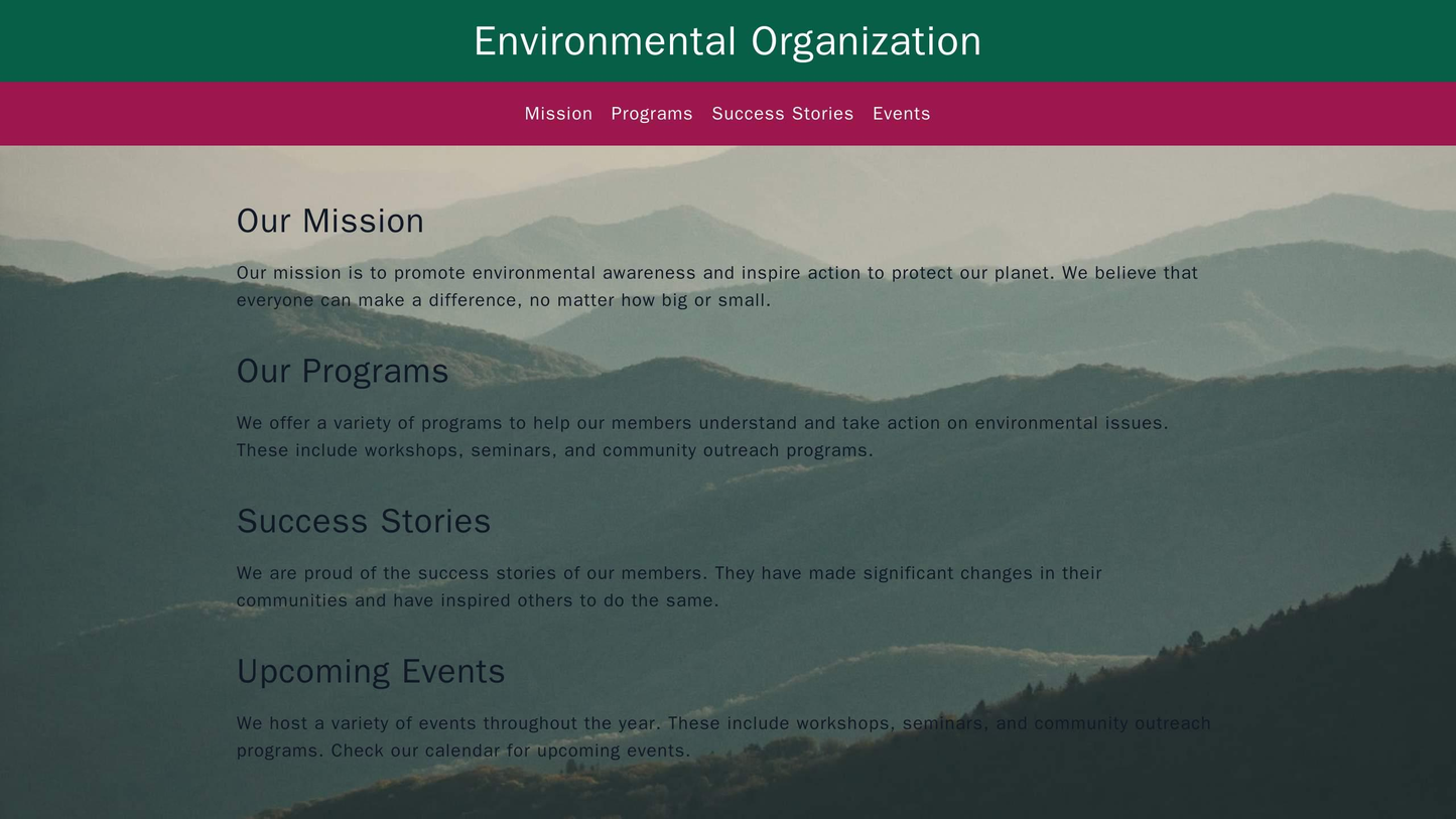 Environmental Organization: A nature-inspired design with a large, full-width header image and a centered logo. The menu Web Template 1583