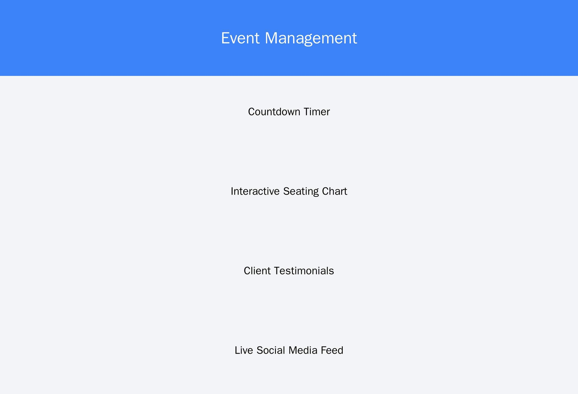 Event Management: A dynamic layout with a bold header, a countdown timer, an interactive seating chart, a client testimo Web Template 1157