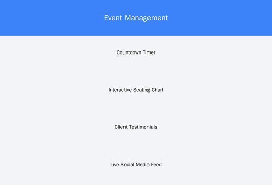 Event Management: A dynamic layout with a bold header, a countdown timer, an interactive seating chart, a client testimo Web Template 1157