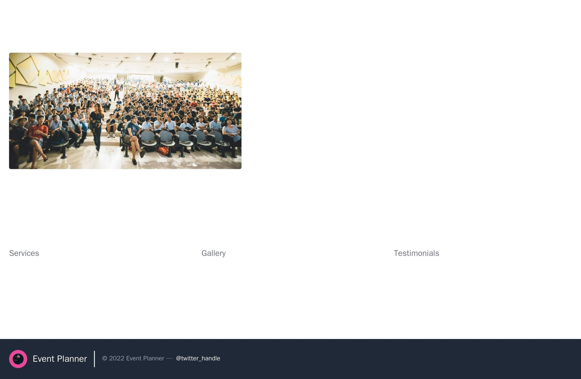 Event Planning Site: A hero image of an event scene, a top navigation bar with icons, a three-column layout for services Web Template 810