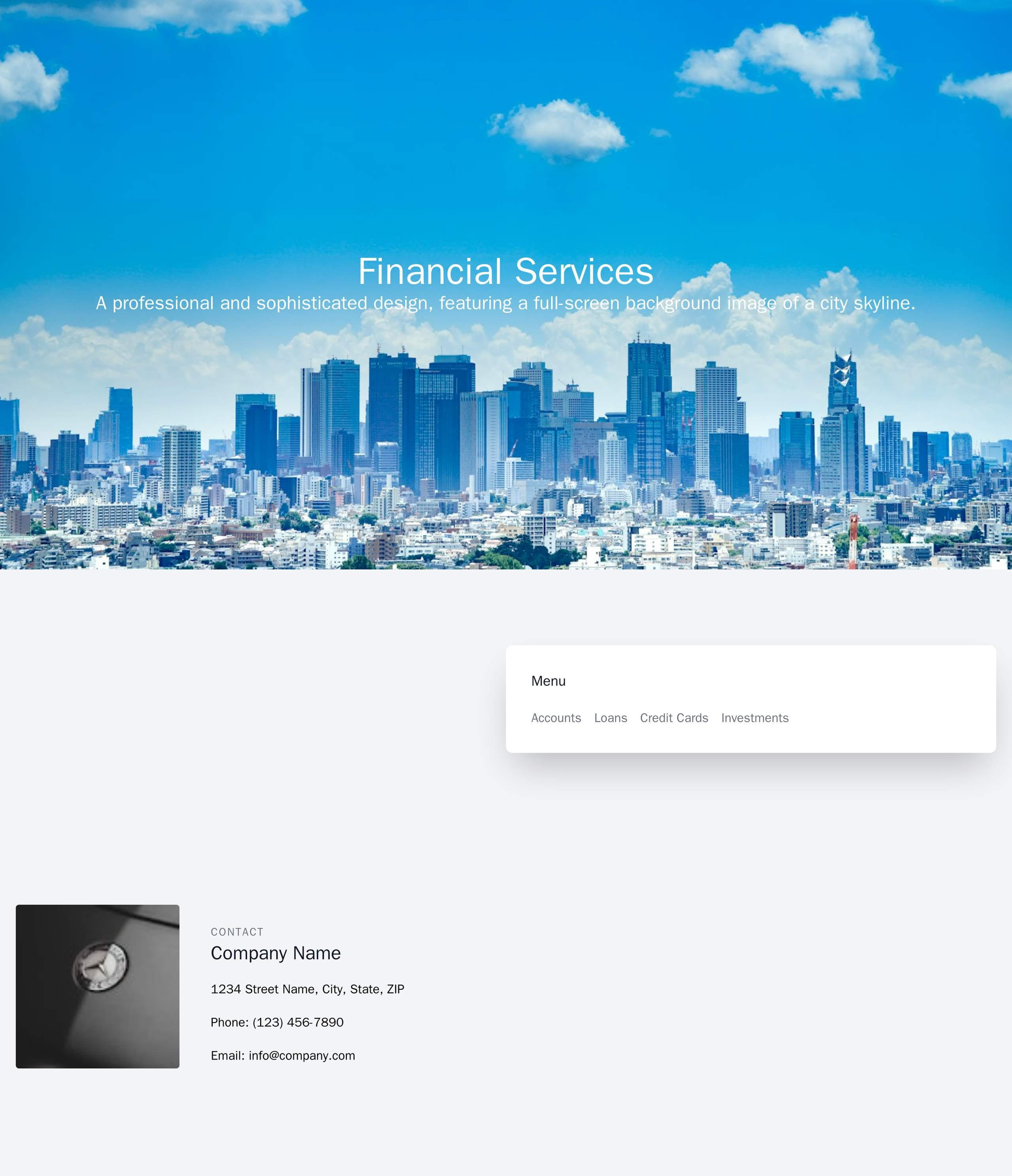 Financial Services: A professional and sophisticated design, featuring a full-screen background image of a city skyline. Web Template 540