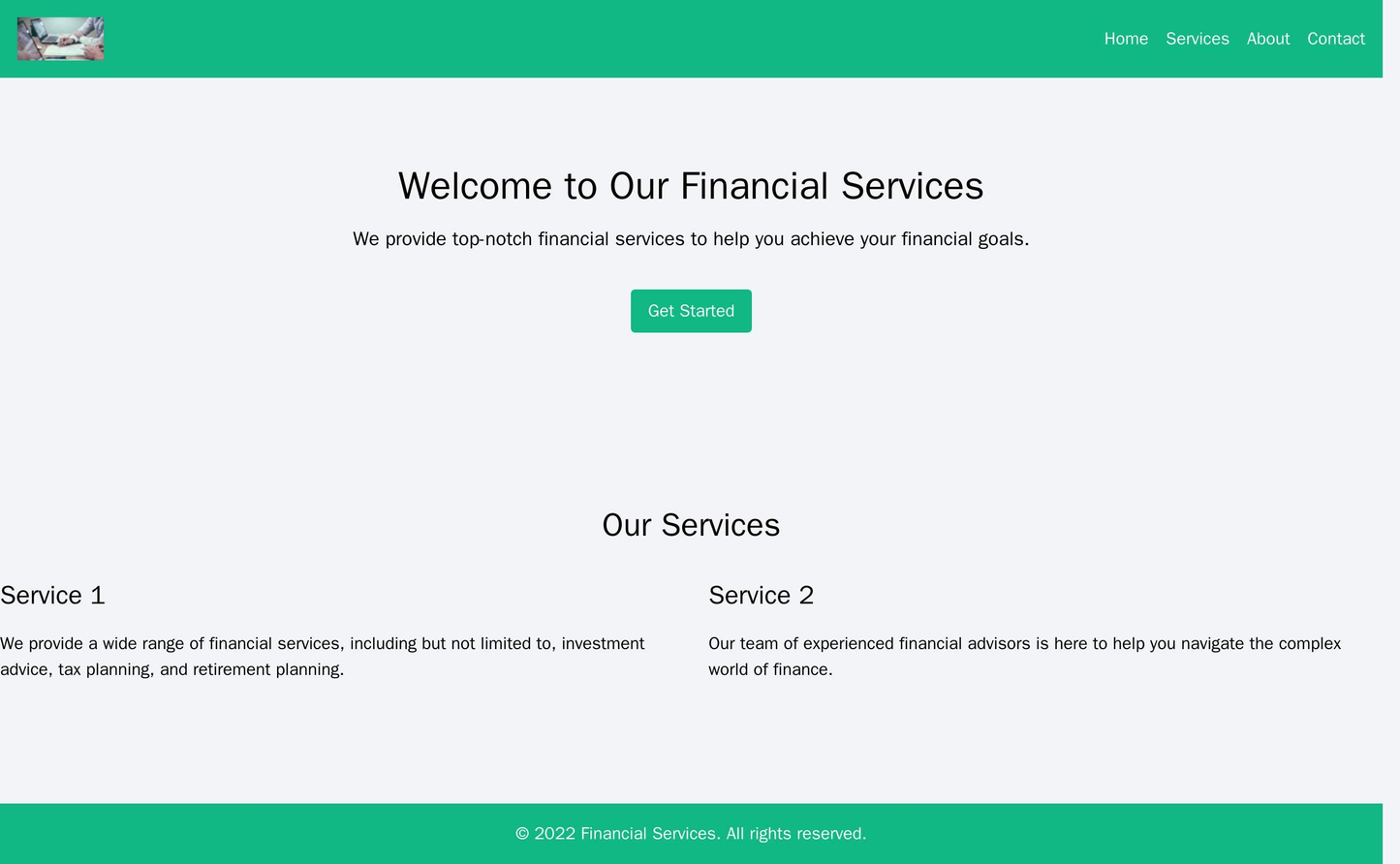 Financial Services Site: A top banner with a call-to-action button, a centered logo and tagline, a navigation menu on th Web Template 234