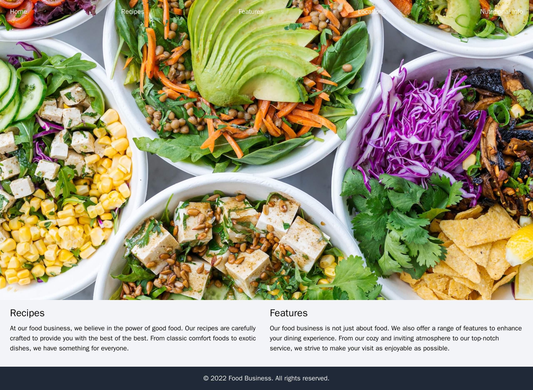 Food Business: A warm and inviting design with a large, appetizing hero image, a horizontal navigation bar, content colu Web Template 203