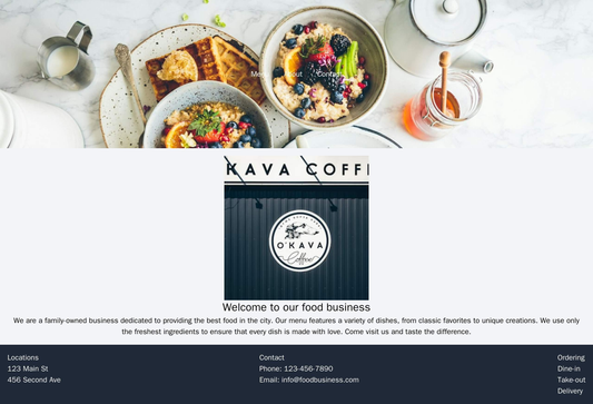 Food Business: A full-width image header with menu items listed below, a centered logo and tagline, and a footer with li Web Template 662