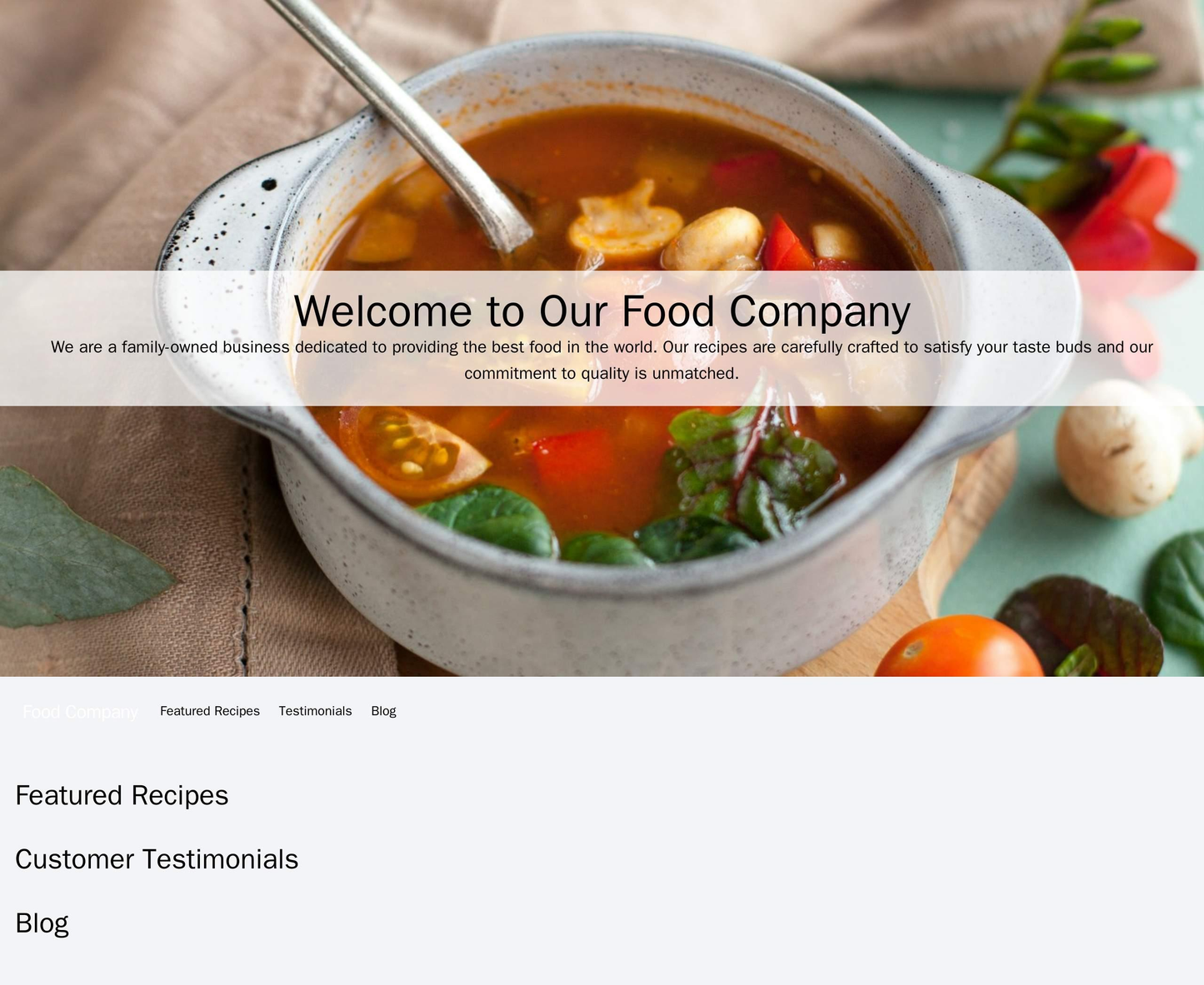 Food Company: A warm layout featuring a large, appetizing hero image, a centered logo, and a simple, horizontal navigati Web Template 263